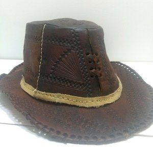 Handmade Brown Leather Cowboy Hat Hand Stitched